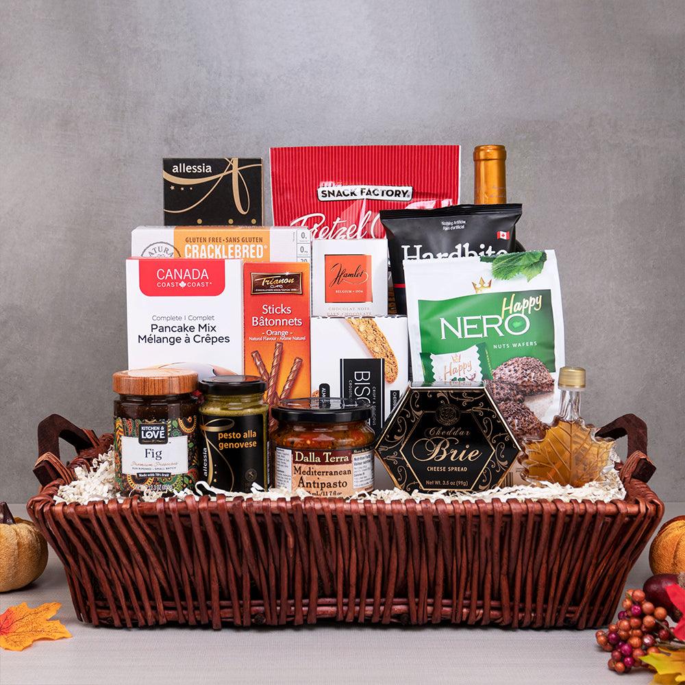 Season of Thanks Gourmet Set in a willow basket with wine, Dalla Terra antipasto, pesto, Cheddar Brie spread and maple syrup