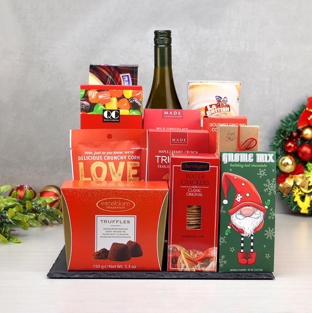 Season’s Greetings Basket of Treats on a slate tray with white wine, Excelcium truffles, Gnome Mix cocoa and jujubes