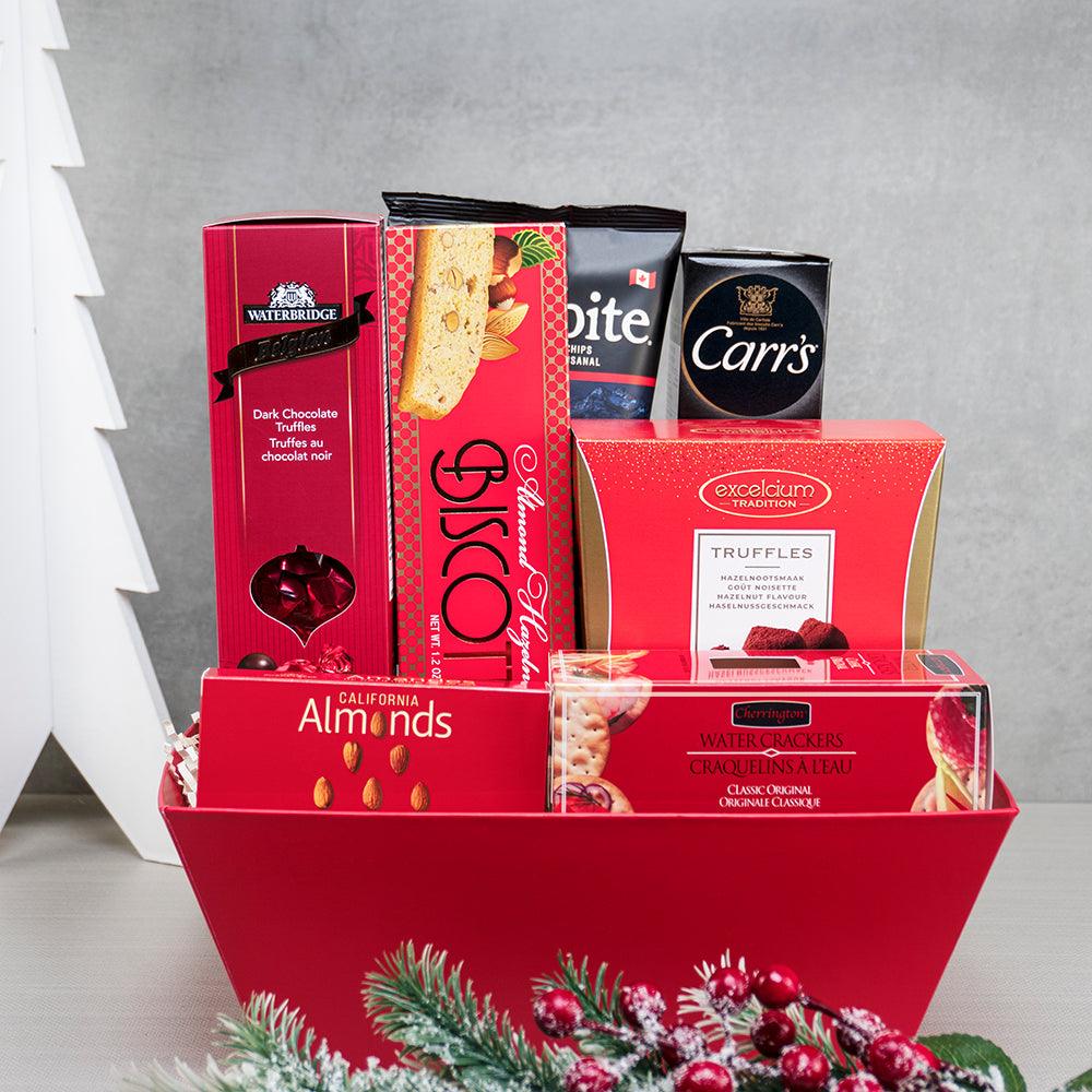Silent Night Snack Assortment in a red gift basket with Waterbridge dark chocolate truffles, hazelnut truffles and biscotti