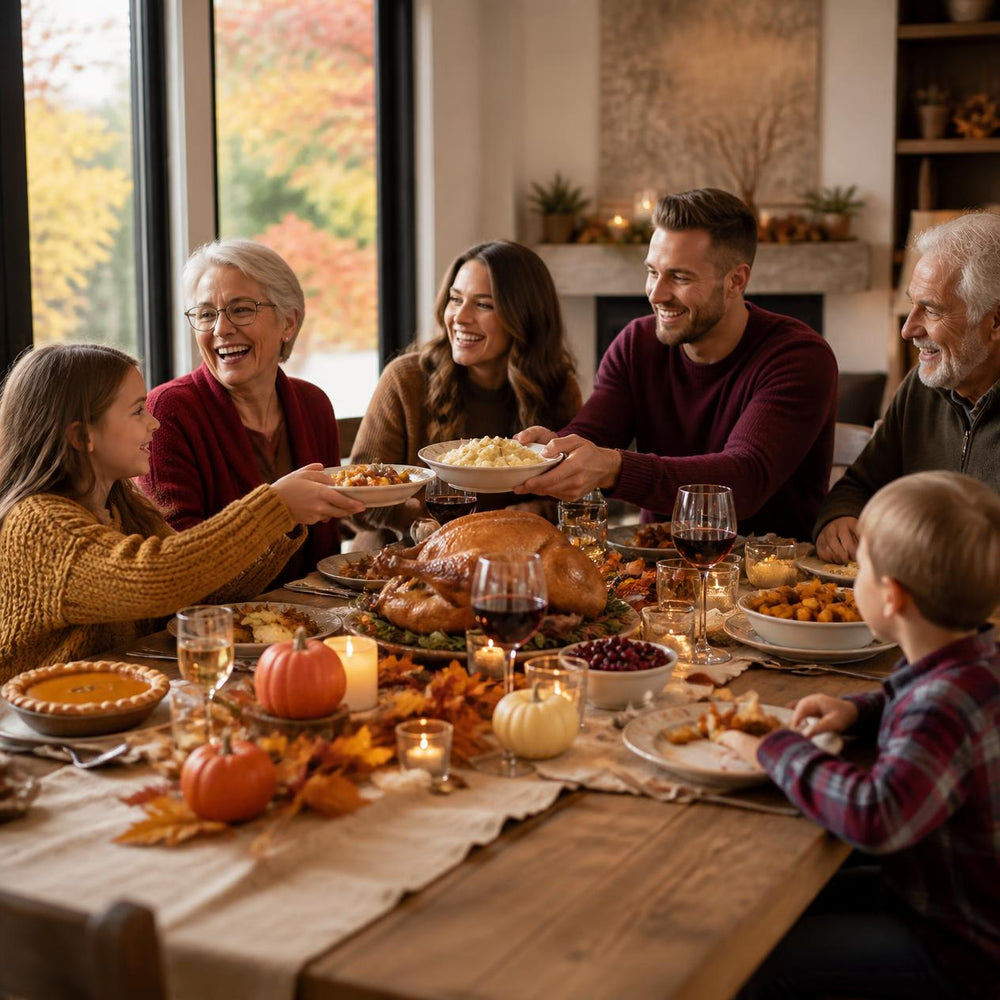 Three generations of a family passing dishes around a Thanksgiving dinner table with roast turkey, wine and autumn decorations