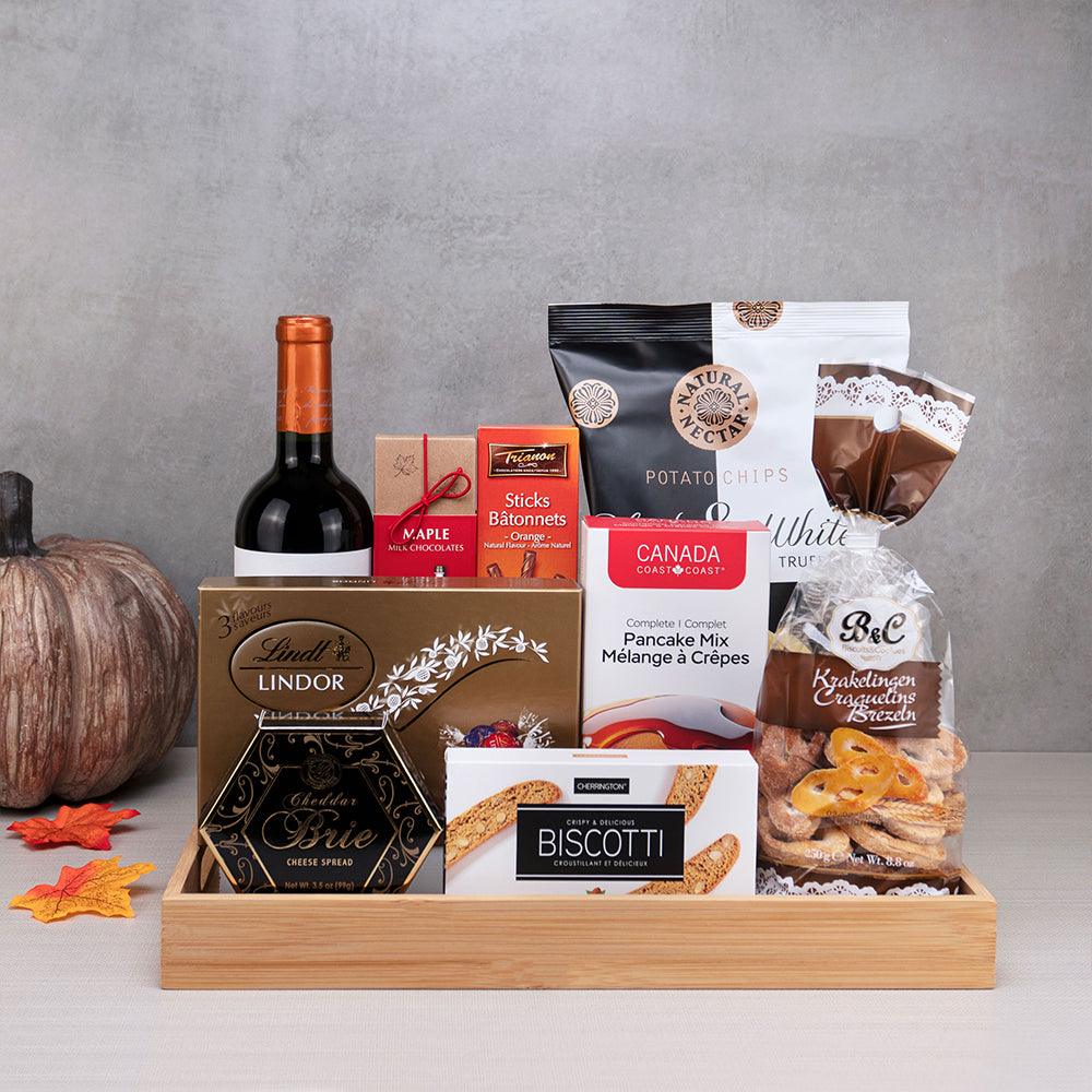 Thanksgiving Gourmet Pleasures gift basket with red wine, Lindt Lindor, cheddar brie spread, truffle chips and pancake mix