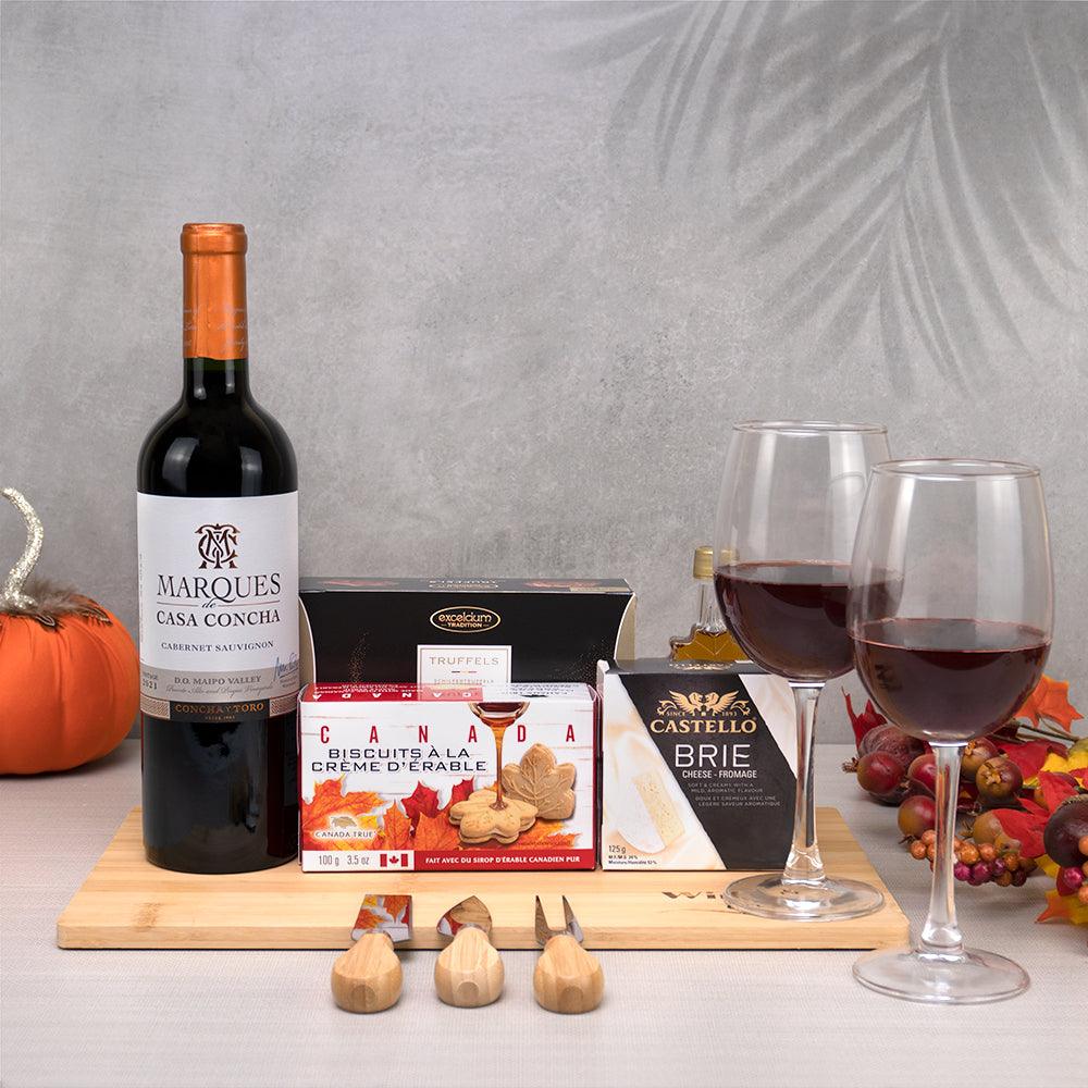 Thanksgiving Gourmet Wine & Cheese Board with Casa Concha Cabernet, two wine glasses, Castello brie and cheese knives