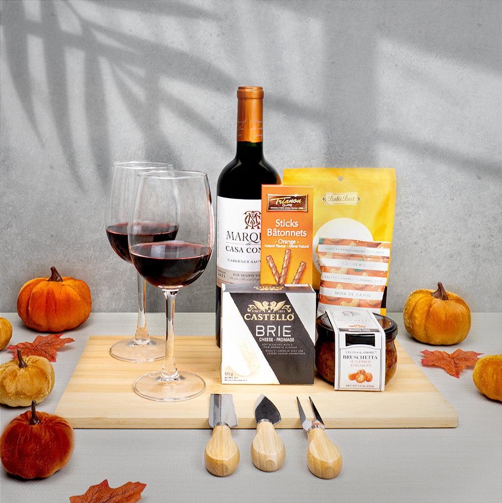 Thanksgiving Wine & Gourmet Pairings gift set with Casa Concha Cabernet, two glasses, Castello brie and Trianon orange sticks