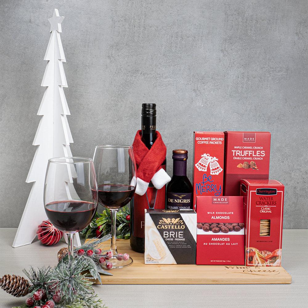Wine & Artisan Treats Basket with red wine in a Santa scarf, two wine glasses, Castello brie, caramel truffles and balsamic